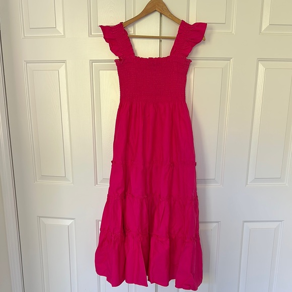 Fuschia Pink Ruffled Smocked Midi Dress, size Large - Picture 1 of 3